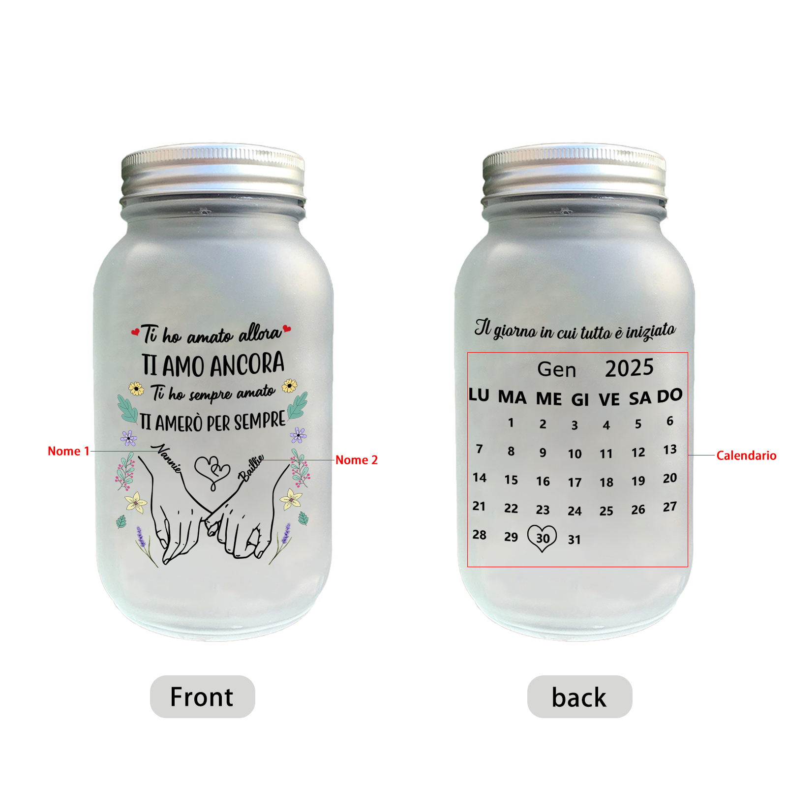 Bottiglia luminosa a energia solare con calendario personalizzato, barattolo Mason, per una coppia