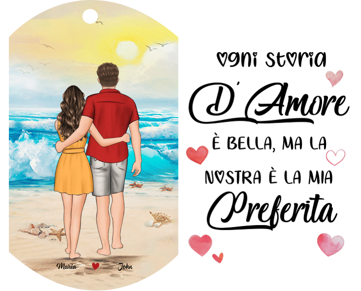  Portachiavi Personalizzato con 2 Nomi e Personaggi - Design Spiaggia "Ogni Storia d’Amore È Bella, Ma la Nostra È la Mia Preferita", Regalo di San Valentino per Lei/Lui | Jessemade