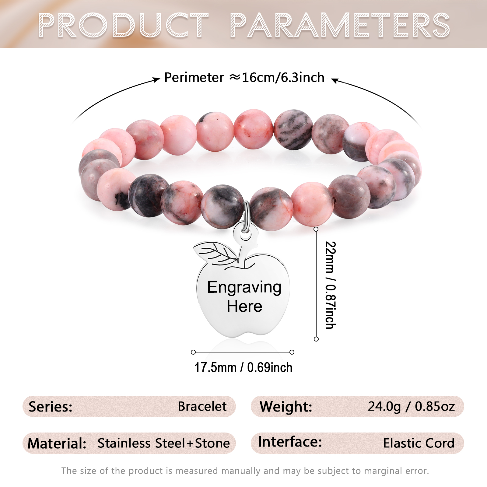 Braccialetto di pietre naturali con 1 testo personalizzato multicolori da scegliere