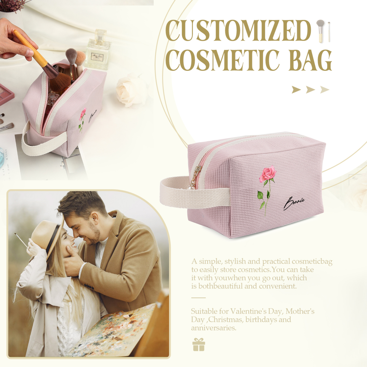 Borsa portabile per cosmetici in velluto a coste 1 nome e 1 fiore di nascita personalizzato multicolori da scegliere
