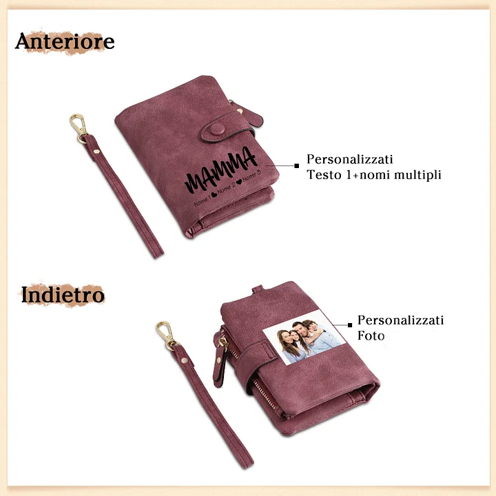 Portafoglio in PU pelle con 3 nomi & 1 testo & 1 foto personalizzati per mamma