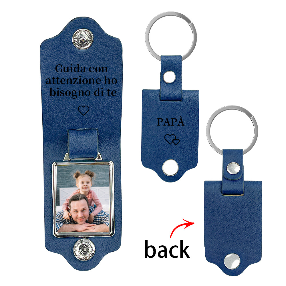 Guida con attenzione-Portachiavi Pelle 1 foto e 1 testo personalizzabili per Papà