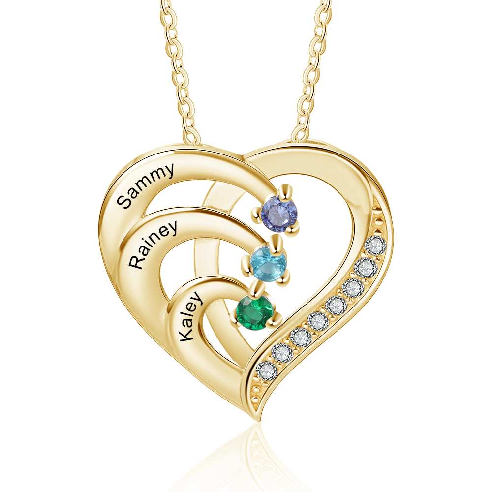 Argento S925 Collana con 3 nomi personalizzati e 3 pietre di nascita in ciondolo a cuore