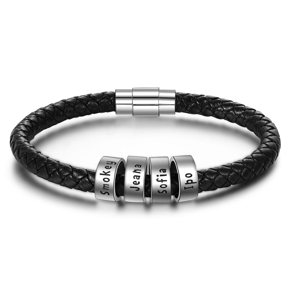 Braccialetto in pelle intrecciata Braccialetto maschile di nome personalizzato con 4 perline