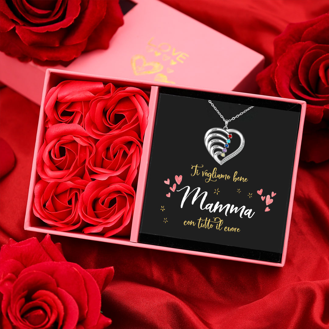 Argento S925 Collana con 6 nomi personalizzati e 6 pietre di nascita in ciondolo a cuore