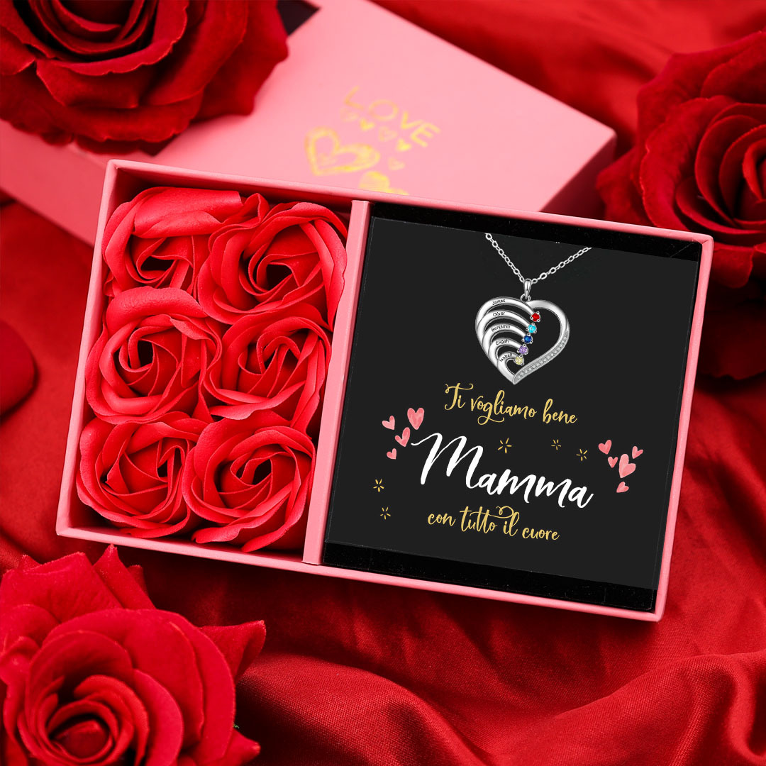 Argento S925 Collana con 6 nomi personalizzati e 6 pietre di nascita in ciondolo a cuore