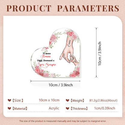 Decorazione Acrilica a Forma di Cuore Mano nella Mano Personalizzata – 2 Nomi e Testo per Nonna o Mamma | Jessemade