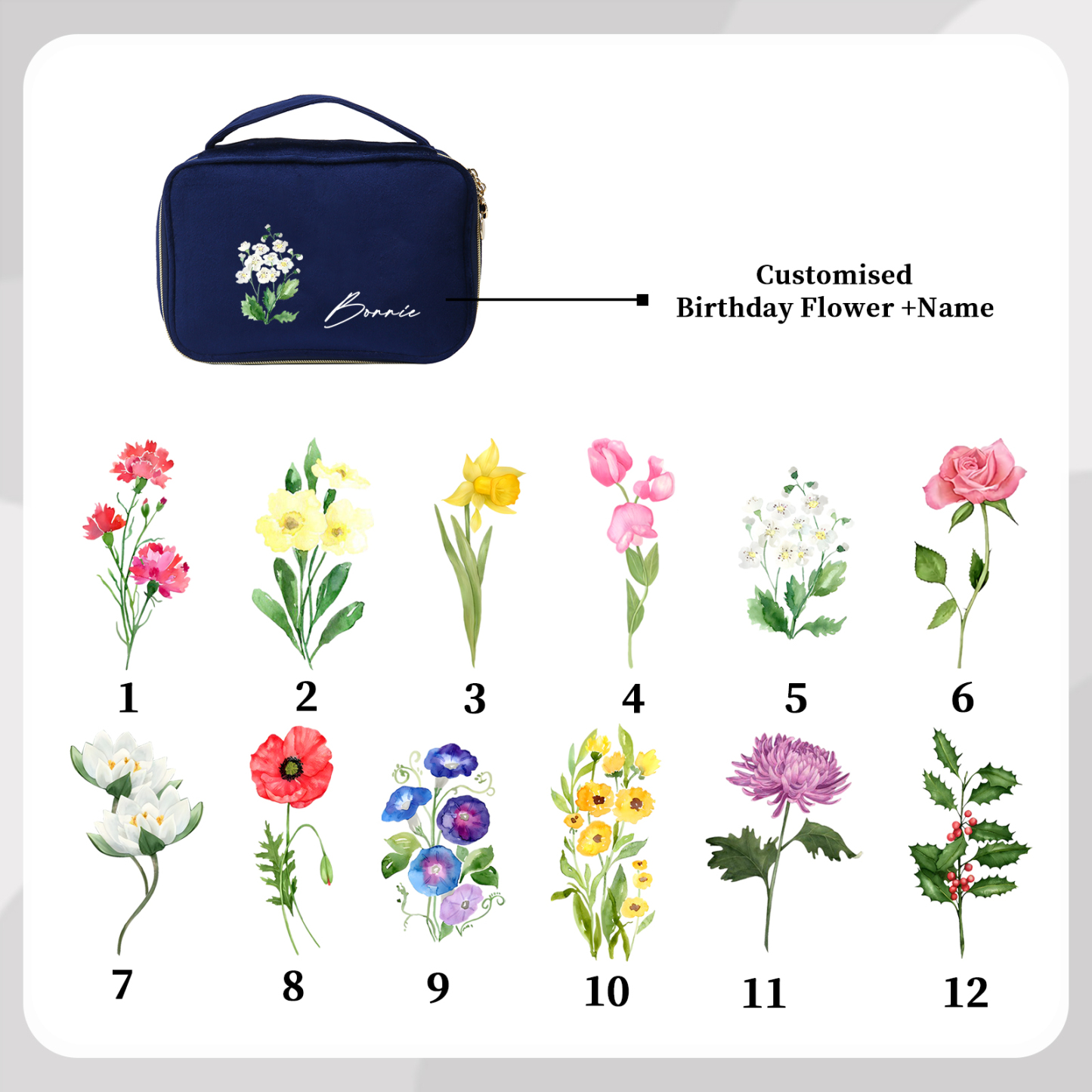 Borsa portabile per cosmetici in flanella per donna 1 nome e 1 fiore di nascita personalizzato multicolori da scegliere