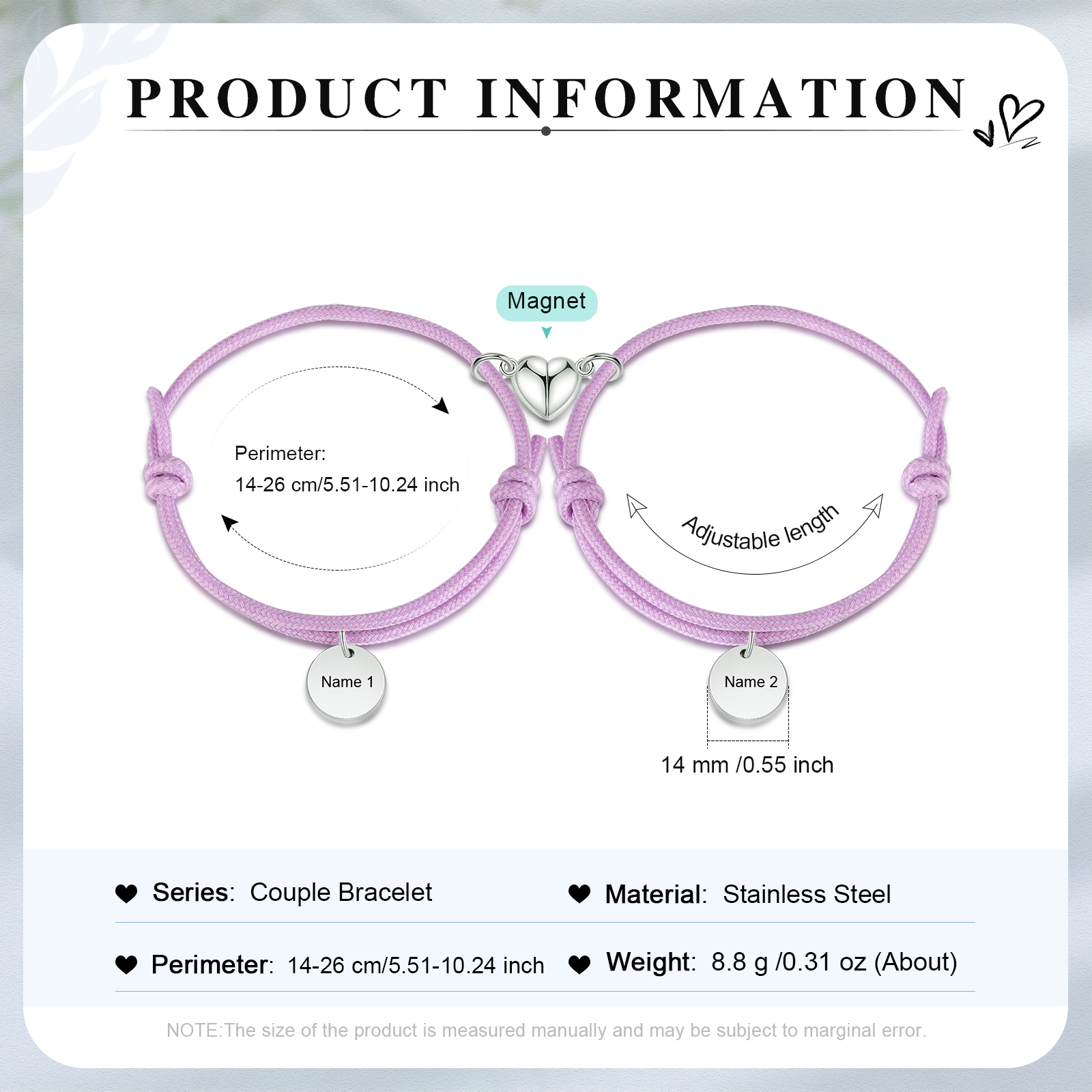 Braccialetti magnetici a corda 2 lettere personalizzate per coppia ciondolo rotondo