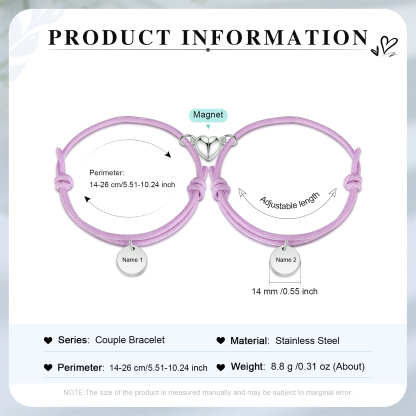 Braccialetti magnetici a corda 2 lettere personalizzate per coppia ciondolo rotondo