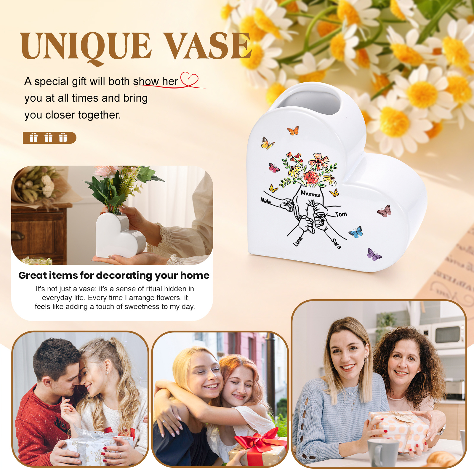 Vaso Cuore in Ceramica Personalizzato 2–8 Nomi Motivo Mano nella mano Regalo per Mamma o Nonna