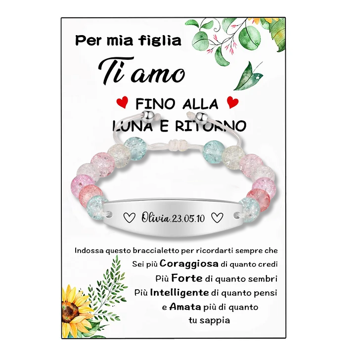 Cuore Braccialetto 1 nome e data personalizati per bambina con carta
