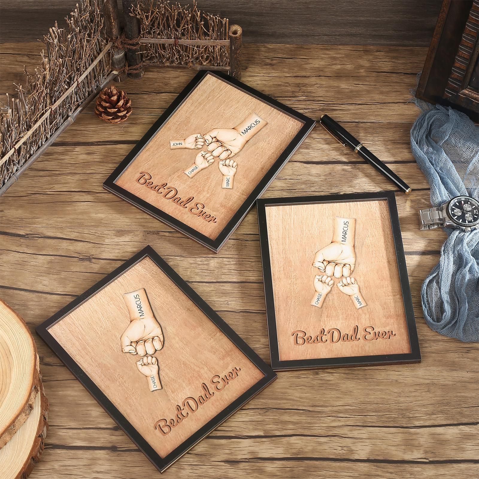 Targa di Legno pugno a pugno 3 nomi e 1 testo personalizzati regalo Per papà