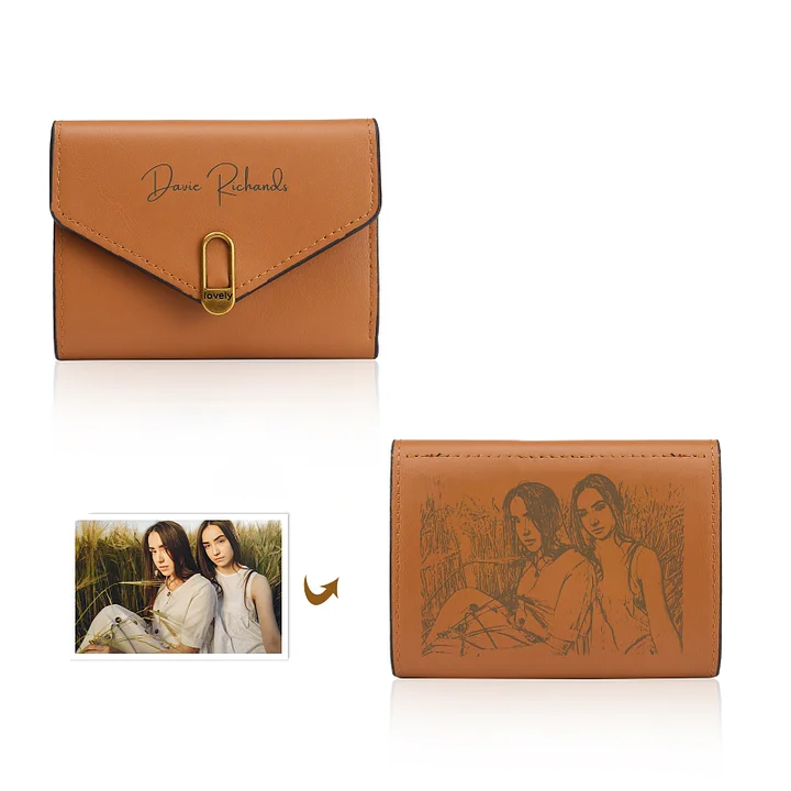 Portafoglio in PU pelle con 1 testo e 1 foto personalizzati per donna