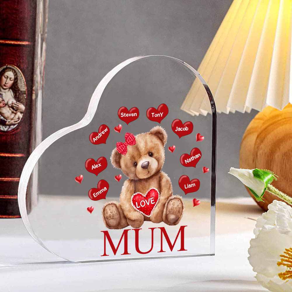 MAMMA Decorazione acrilica con orsacchiotto a forma di cuore 8 nomi e 2 testi personalizzati per mamma/nonna