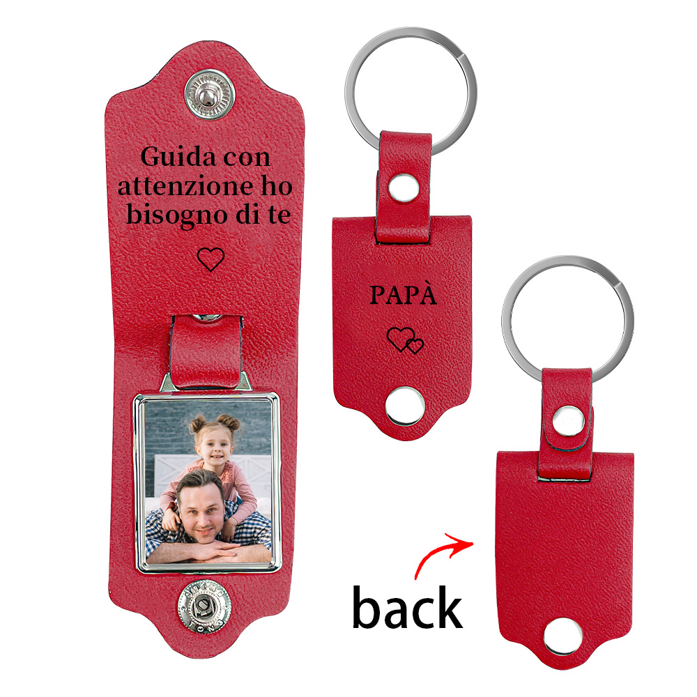 Guida con attenzione-Portachiavi Pelle 1 foto e 1 testo personalizzabili per Papà