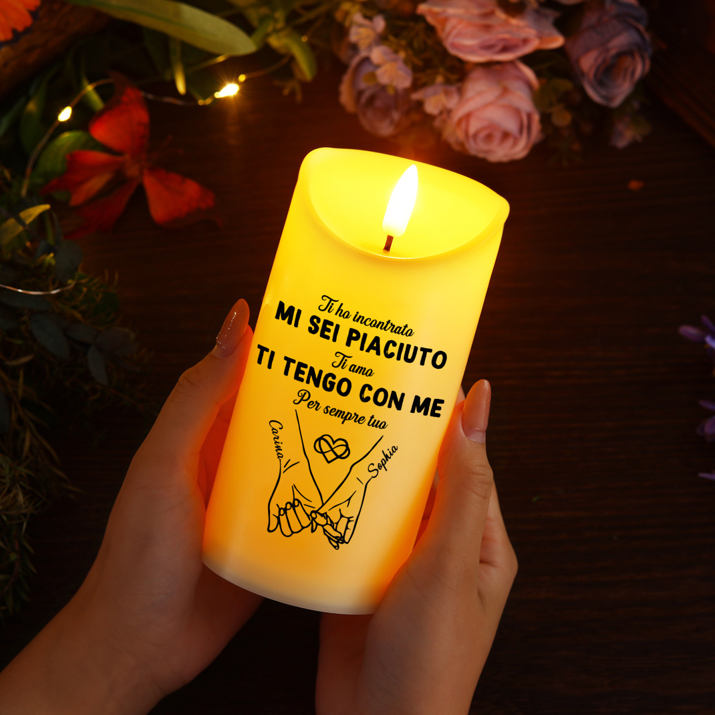 Candela a LED personalizzata per coppia con 2 nomi