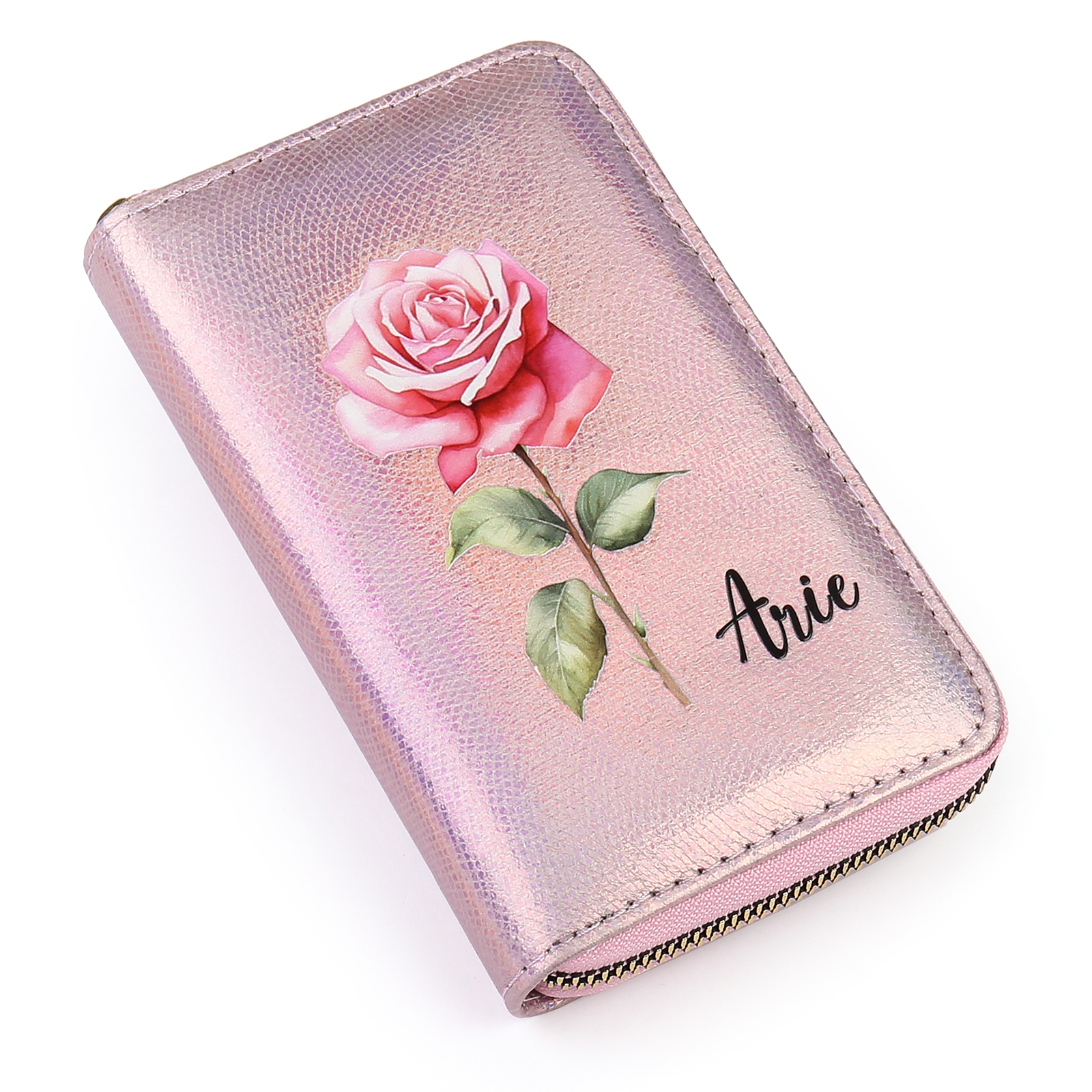 Portafoglio in PU pelle con 1 fiore di nascita & 1 nome personalizzati per mamma/nonna