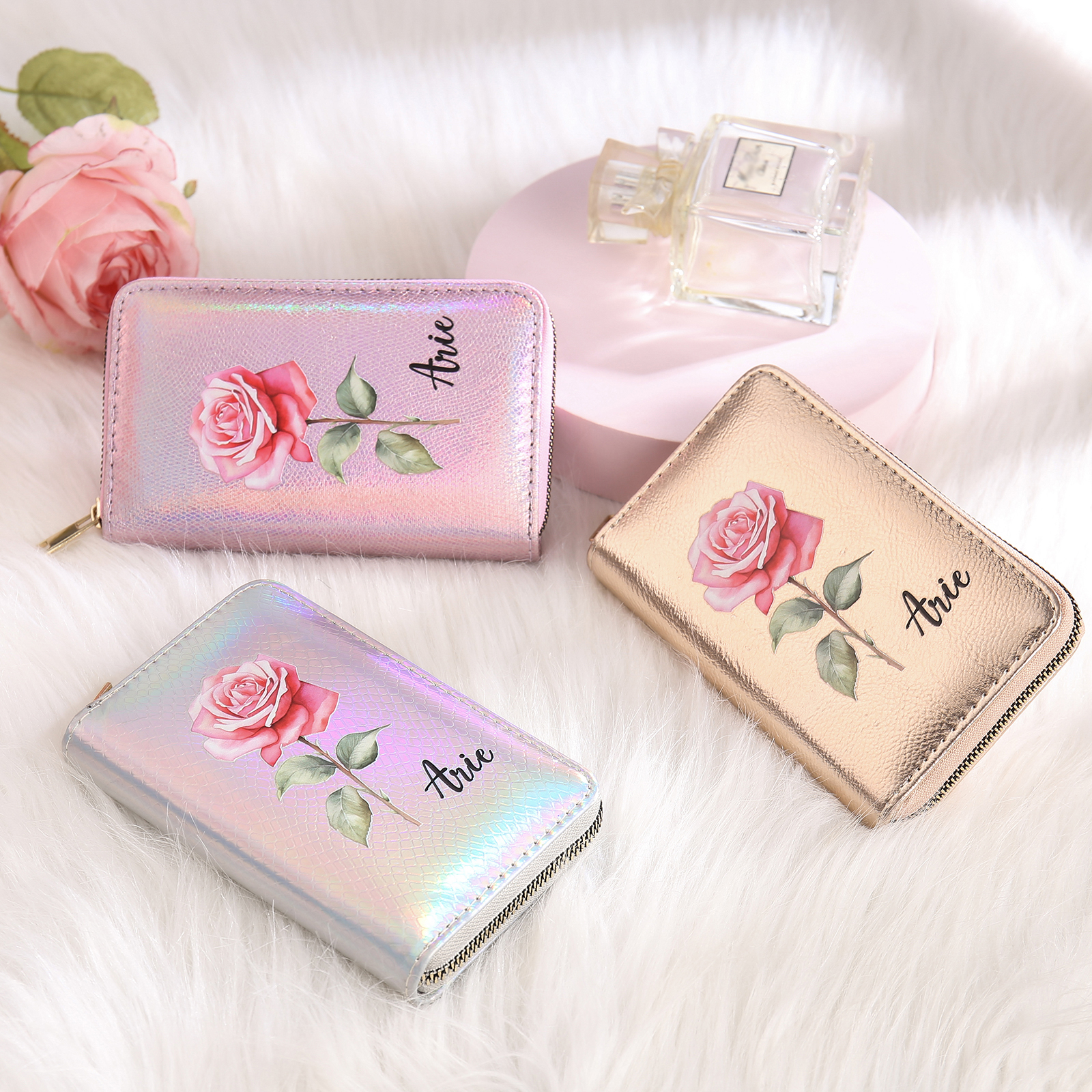 Portafoglio in PU pelle con 1 fiore di nascita & 1 nome personalizzati per mamma/nonna