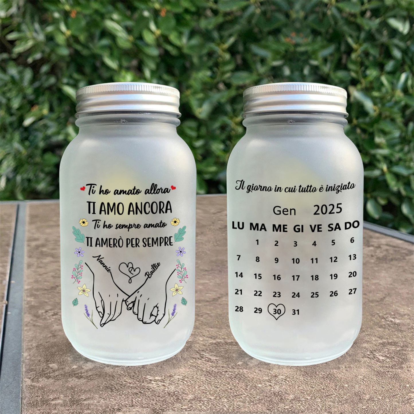 Bottiglia luminosa a energia solare con calendario personalizzato, barattolo Mason, per una coppia