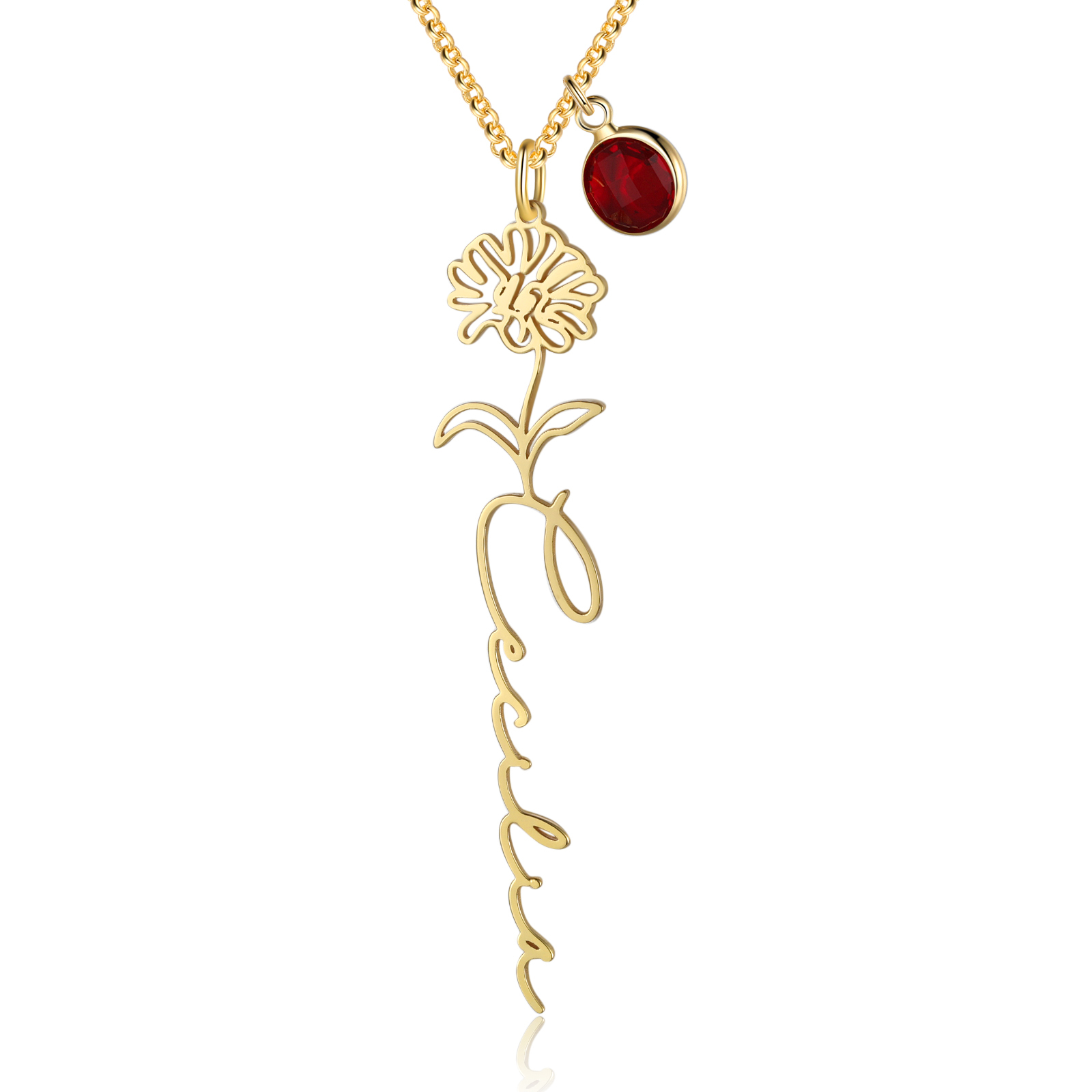 Collana 925 Argento Fiore elegante con 1 pietra di nascita e 1 nome e 1 fiore di nascita personalizzabili per donna
