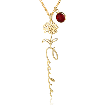 Collana 925 Argento Fiore elegante con 1 pietra di nascita e 1 nome e 1 fiore di nascita personalizzabili per donna
