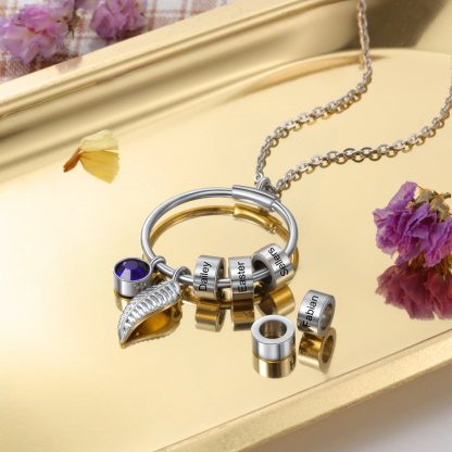 Collana con ciondolo foglia e cerchio 4 nomi e 4 pietre di nascita personalizzati regalo per donna