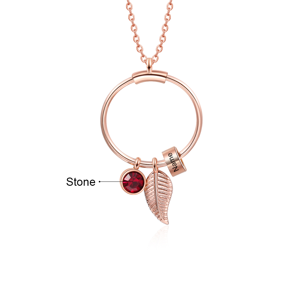 Collana con ciondolo foglia e cerchio 1 nome e 1 pietra di nascita personalizzati regalo per donna