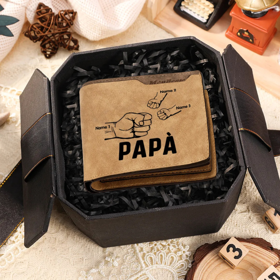 Portafoglio Uomo Personalizzato – Incisione Foto, Testo e 3 Nomi – Con Carta Pugno & Scatola Regalo – Perfetto per Papà | Jessemade