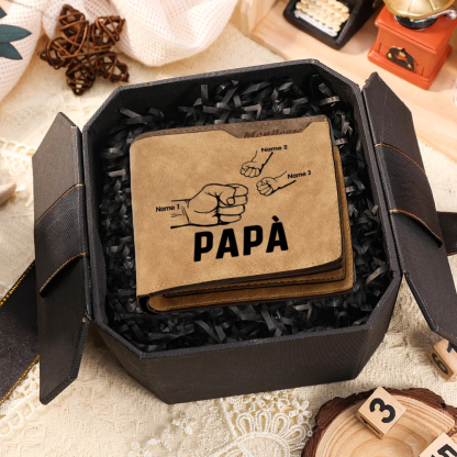 Portafoglio Uomo Personalizzato – Incisione Foto, Testo e 3 Nomi – Con Carta Pugno & Scatola Regalo – Perfetto per Papà | Jessemade