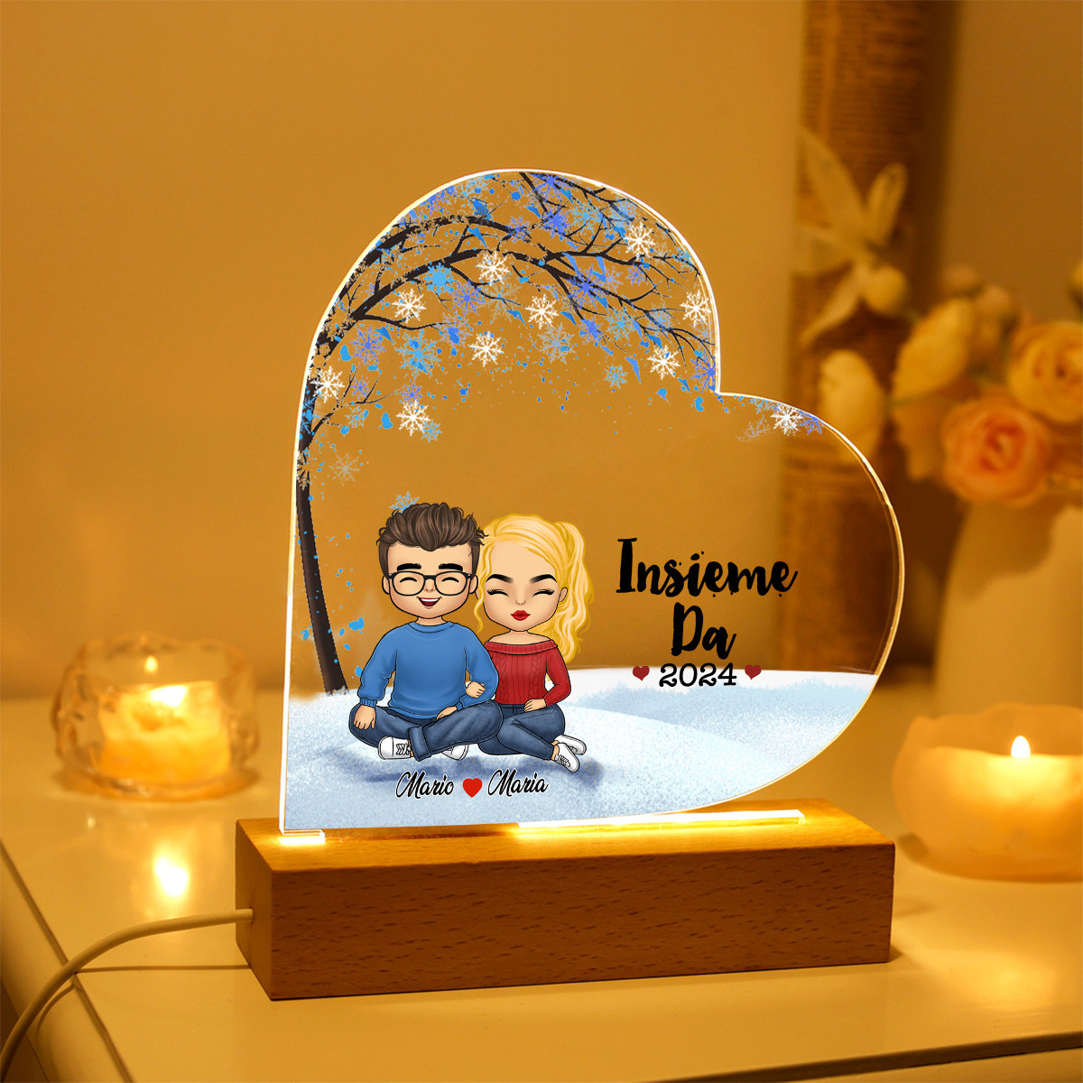 Lampada Acrilica Personalizzata per Coppie - 2 Nomi e 1 Anno Personalizzabili - "Insieme Dal" - Regalo di San Valentino per Lei/Lui | Jessemade