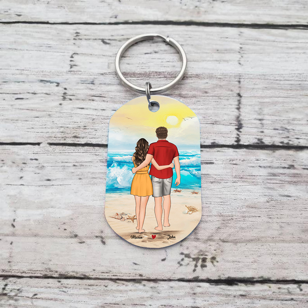  Portachiavi Personalizzato con 2 Nomi e Personaggi - Design Spiaggia "Ogni Storia d’Amore È Bella, Ma la Nostra È la Mia Preferita", Regalo di San Valentino per Lei/Lui | Jessemade