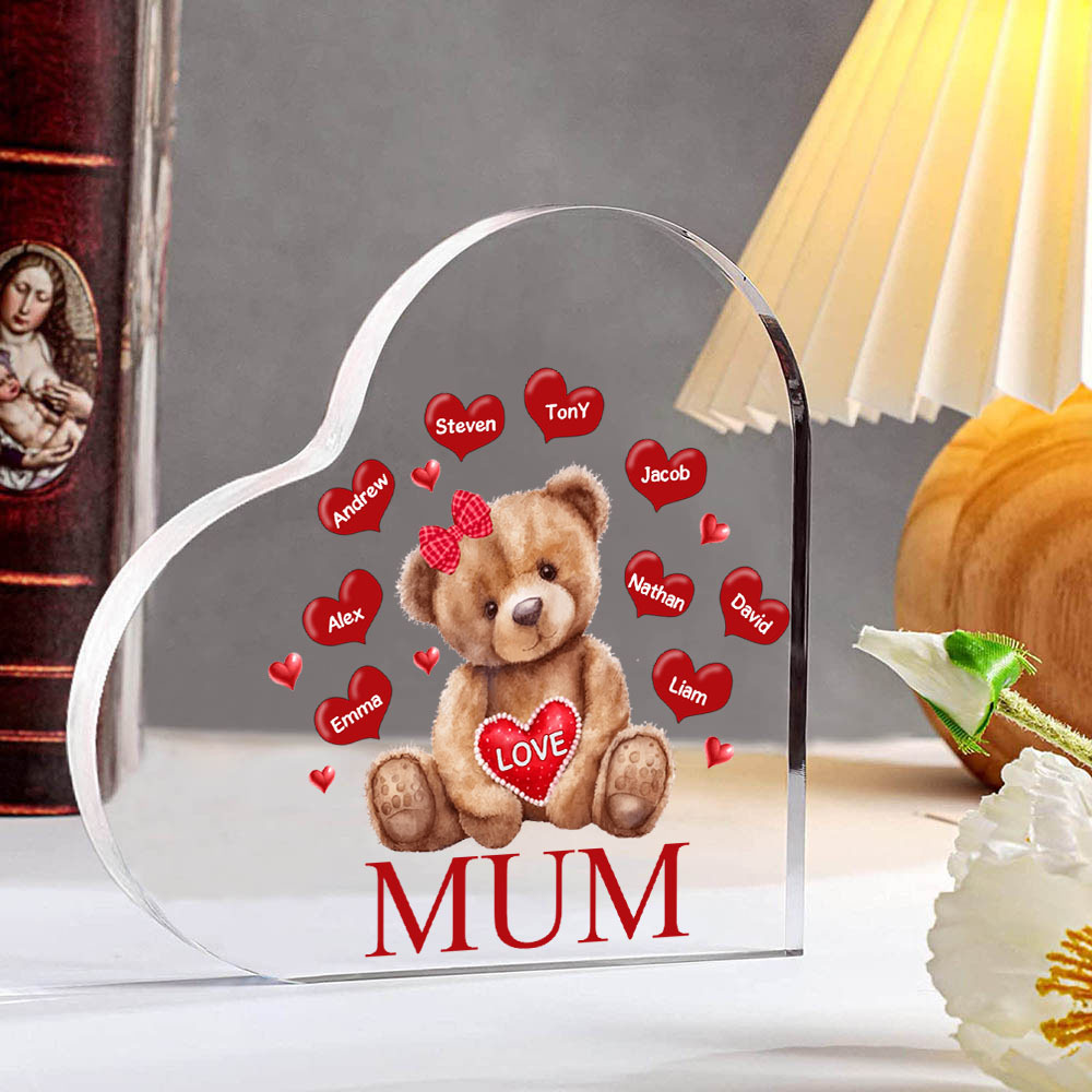 MAMMA Decorazione acrilica con orsacchiotto a forma di cuore 9 nomi e 2 testi personalizzati per mamma/nonna