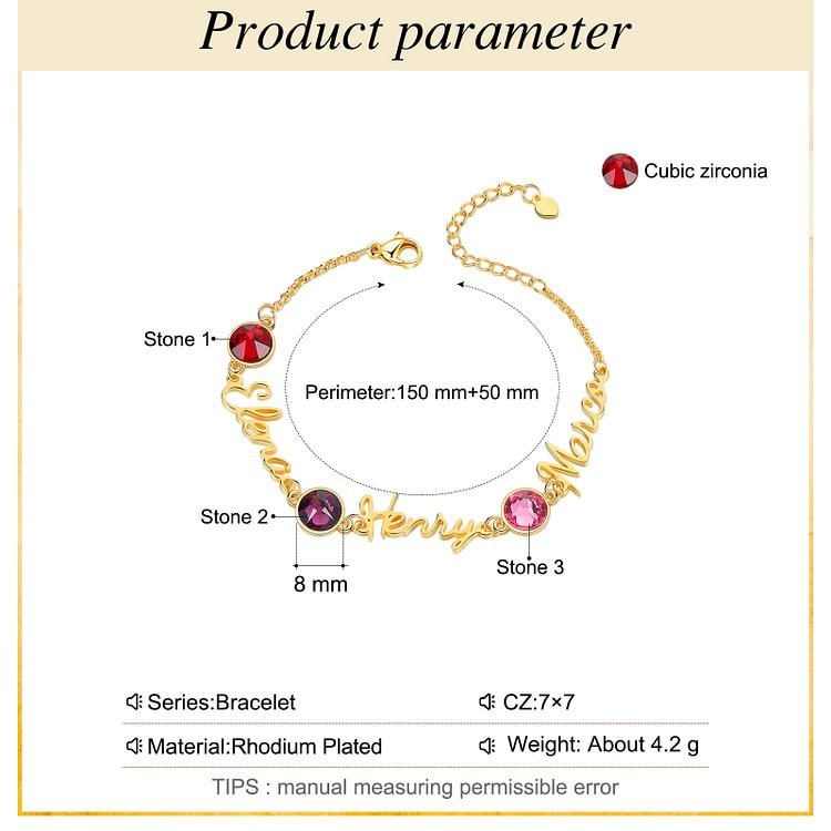 Braccialetto anello con 3 nomi e 3 pietre di nascita personalizzabili regalo per donna