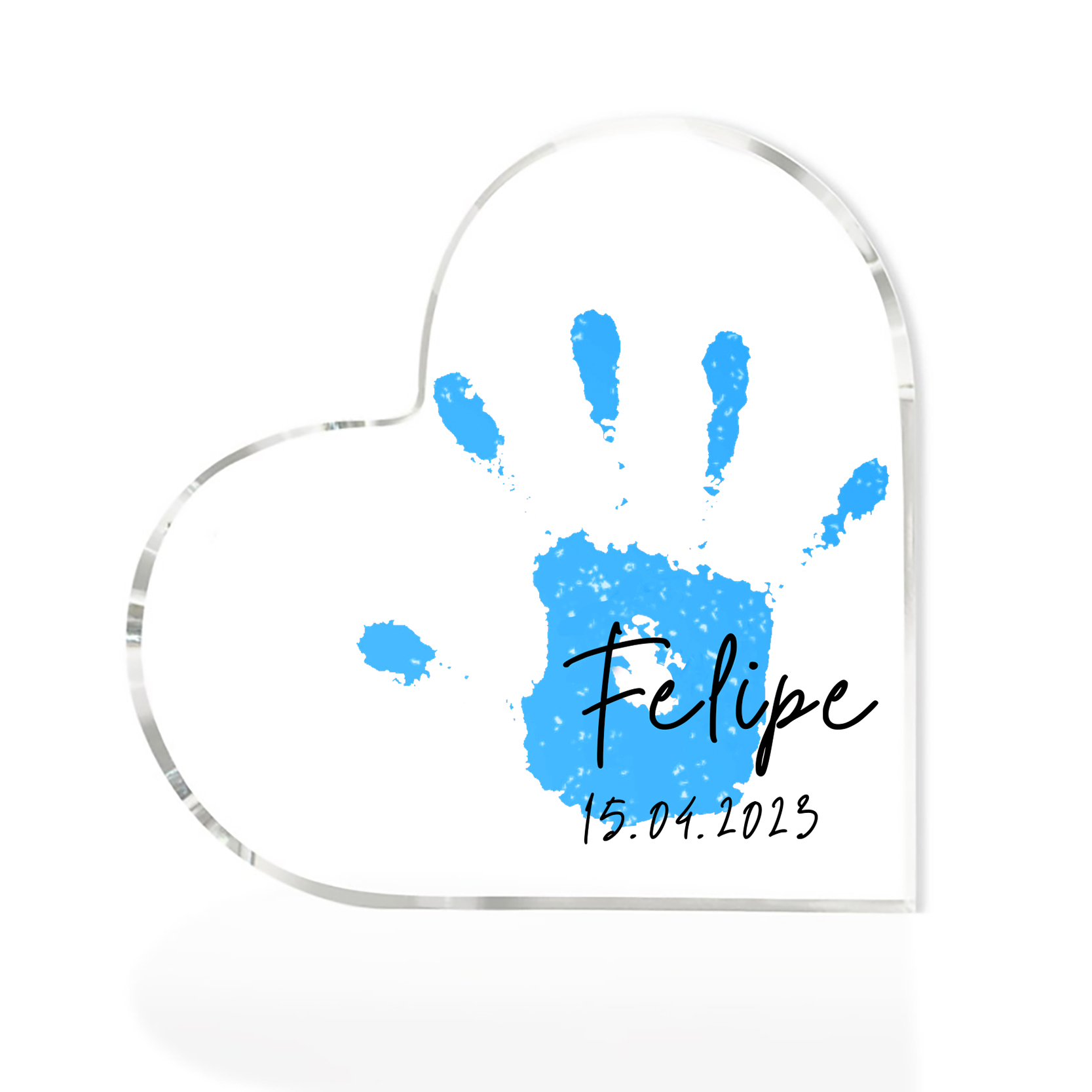 Decorazione acrilica impronta di mano a forma di cuore 1 nome e 1 data personalizzati