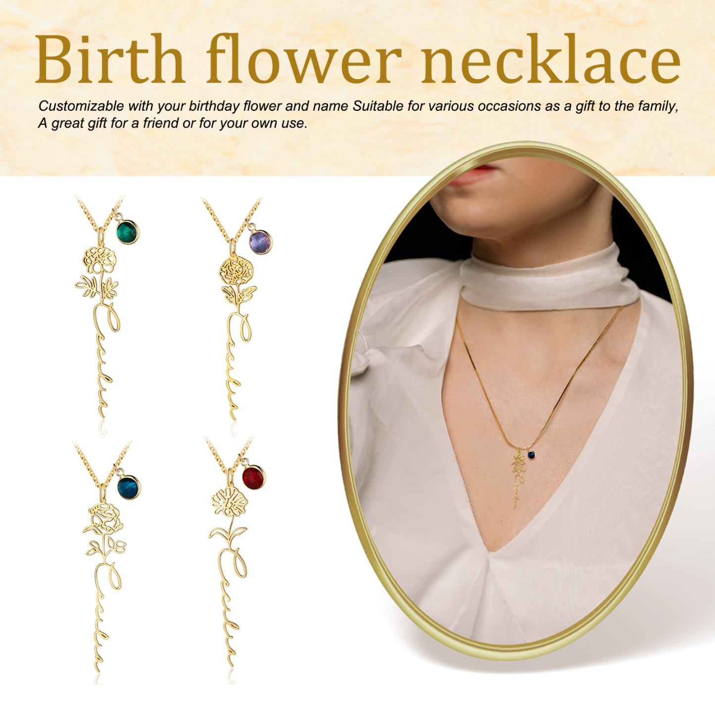 Collana 925 Argento Fiore elegante con 1 pietra di nascita e 1 nome e 1 fiore di nascita personalizzabili per donna
