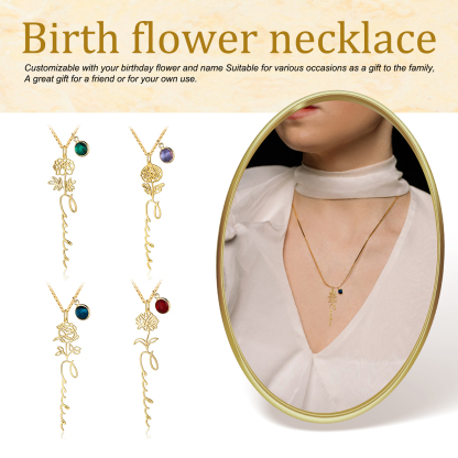 Collana 925 Argento Fiore elegante con 1 pietra di nascita e 1 nome e 1 fiore di nascita personalizzabili per donna