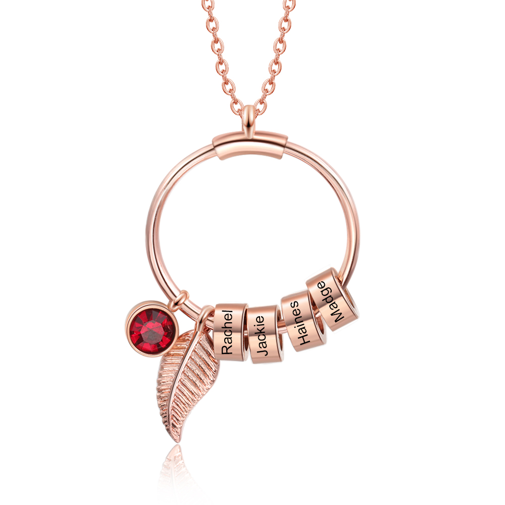 Collana con ciondolo foglia e cerchio 4 nomi e 4 pietre di nascita personalizzati regalo per donna