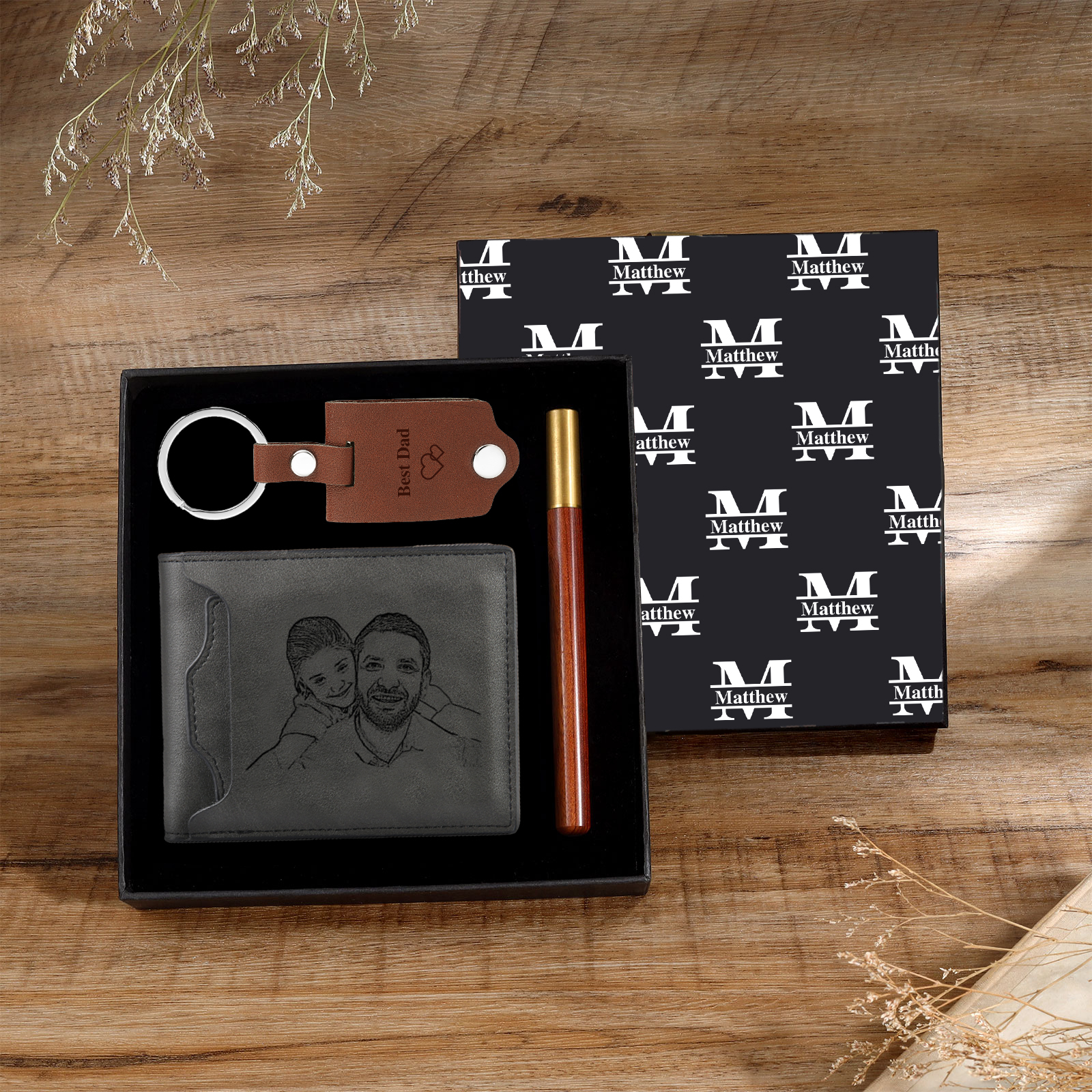 Personalized Leather Wallet Gift Box Set with Keychain Customizable Photo,Text ,Name and Letter Wallet Gift for Him