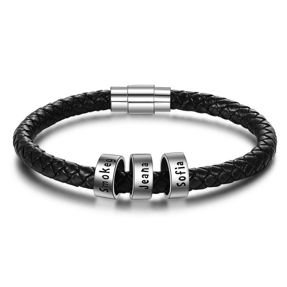 Braccialetto in pelle intrecciata Braccialetto maschile di nome personalizzato con 3 perline