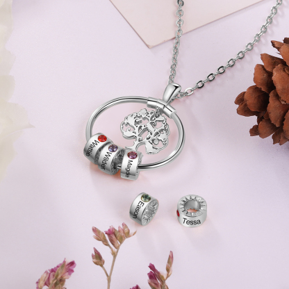 Collana con albero della vita ciondolo 3 nomi e 3 pietre di nascita personalizzati per donna/mamma/nonna