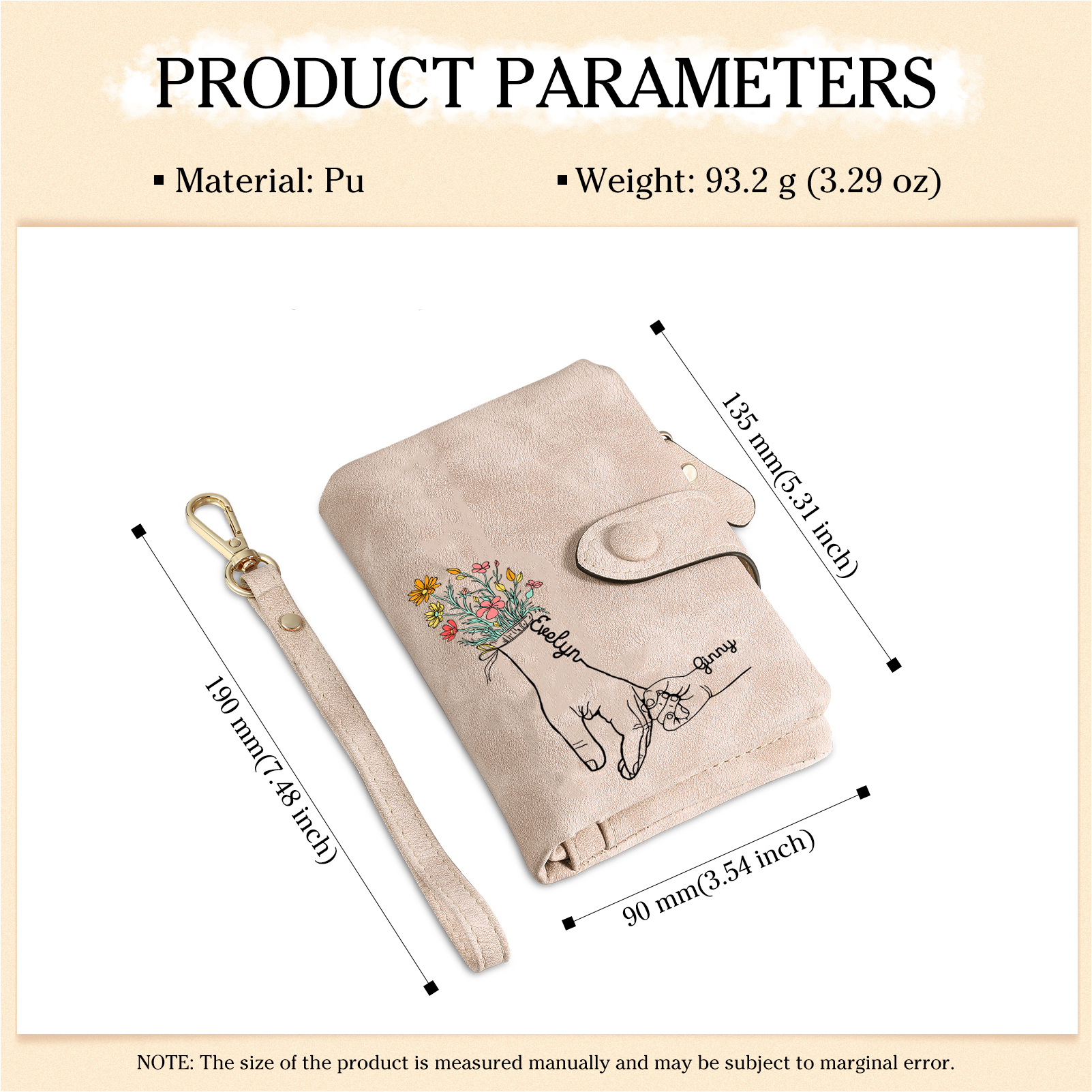 Portafoglio in PU pelle fiore mano con 2 nomi personalizzati per mamma/nonna