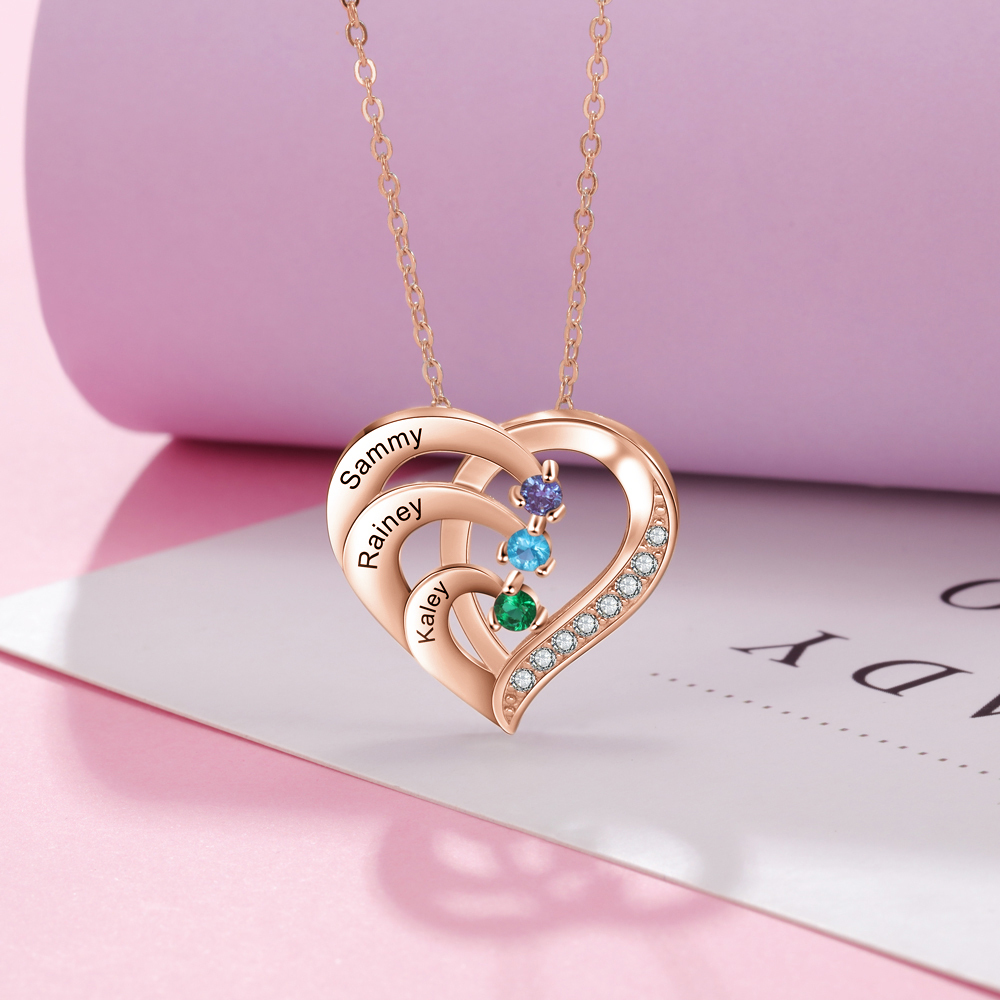 Argento S925 Collana con 3 nomi personalizzati e 3 pietre di nascita in ciondolo a cuore