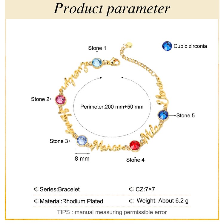 Braccialetto anello con 5 nomi e 5 pietre di nascita personalizzabili regalo per donna