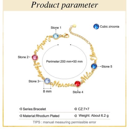 Braccialetto anello con 5 nomi e 5 pietre di nascita personalizzabili regalo per donna