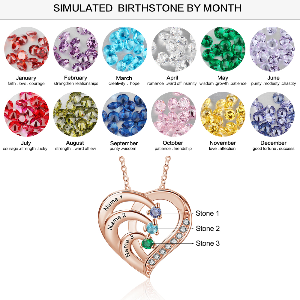 Argento S925 Collana con 3 nomi personalizzati e 3 pietre di nascita in ciondolo a cuore