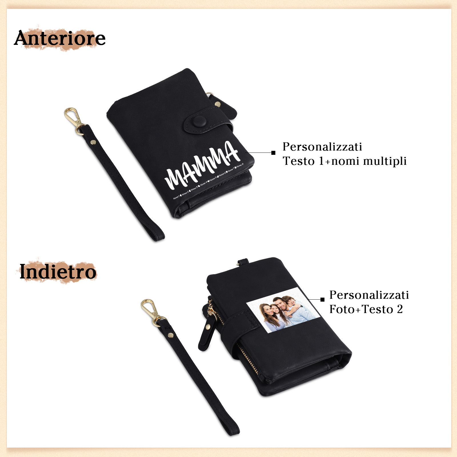 Portafoglio in PU pelle con 8 nomi & 2 testi & 1 foto personalizzati per mamma