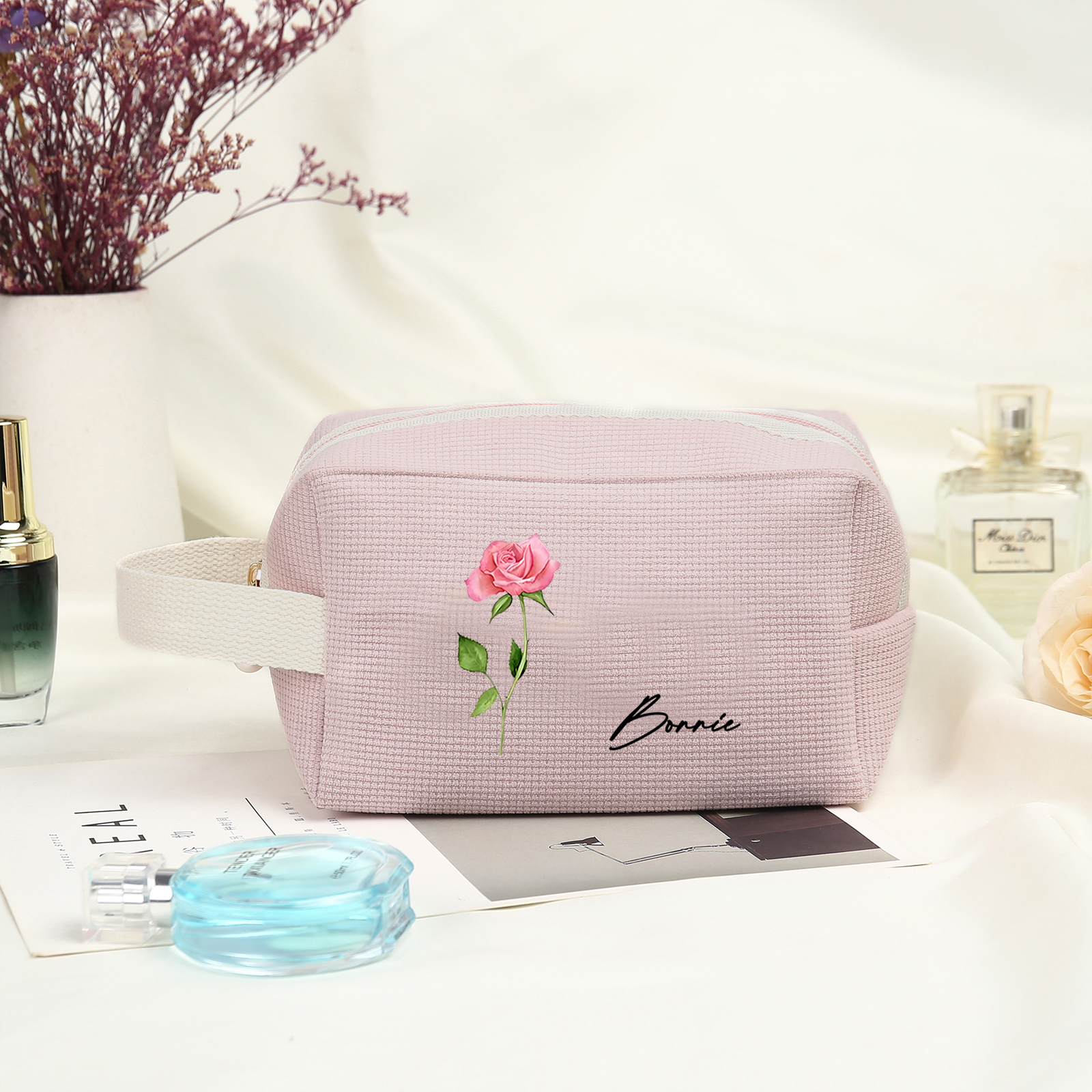 Borsa portabile per cosmetici in velluto a coste 1 nome e 1 fiore di nascita personalizzato multicolori da scegliere
