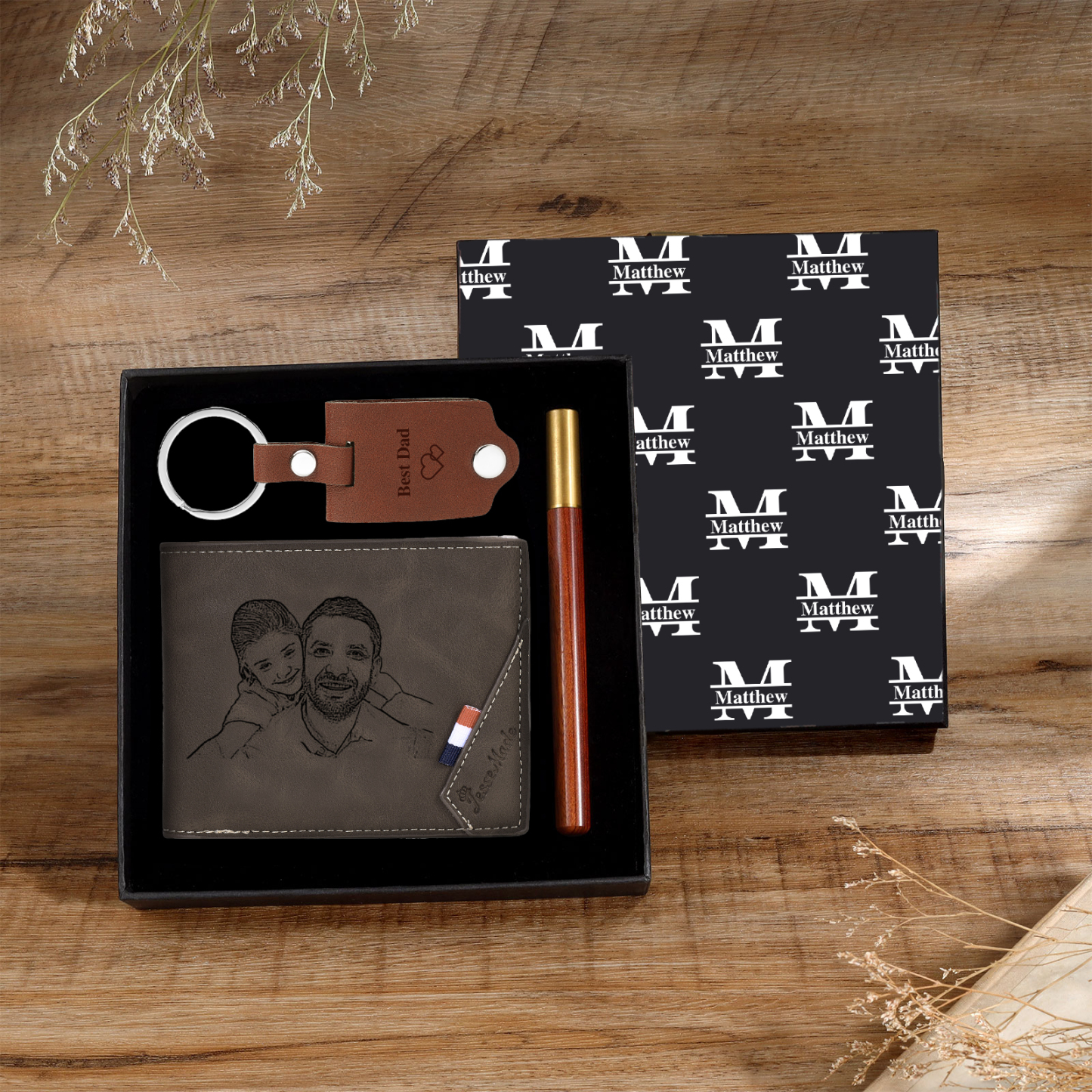 Personalized Leather Wallet Gift Box Set with Keychain Customizable Photo,Text ,Name and Letter Wallet Gift for Him