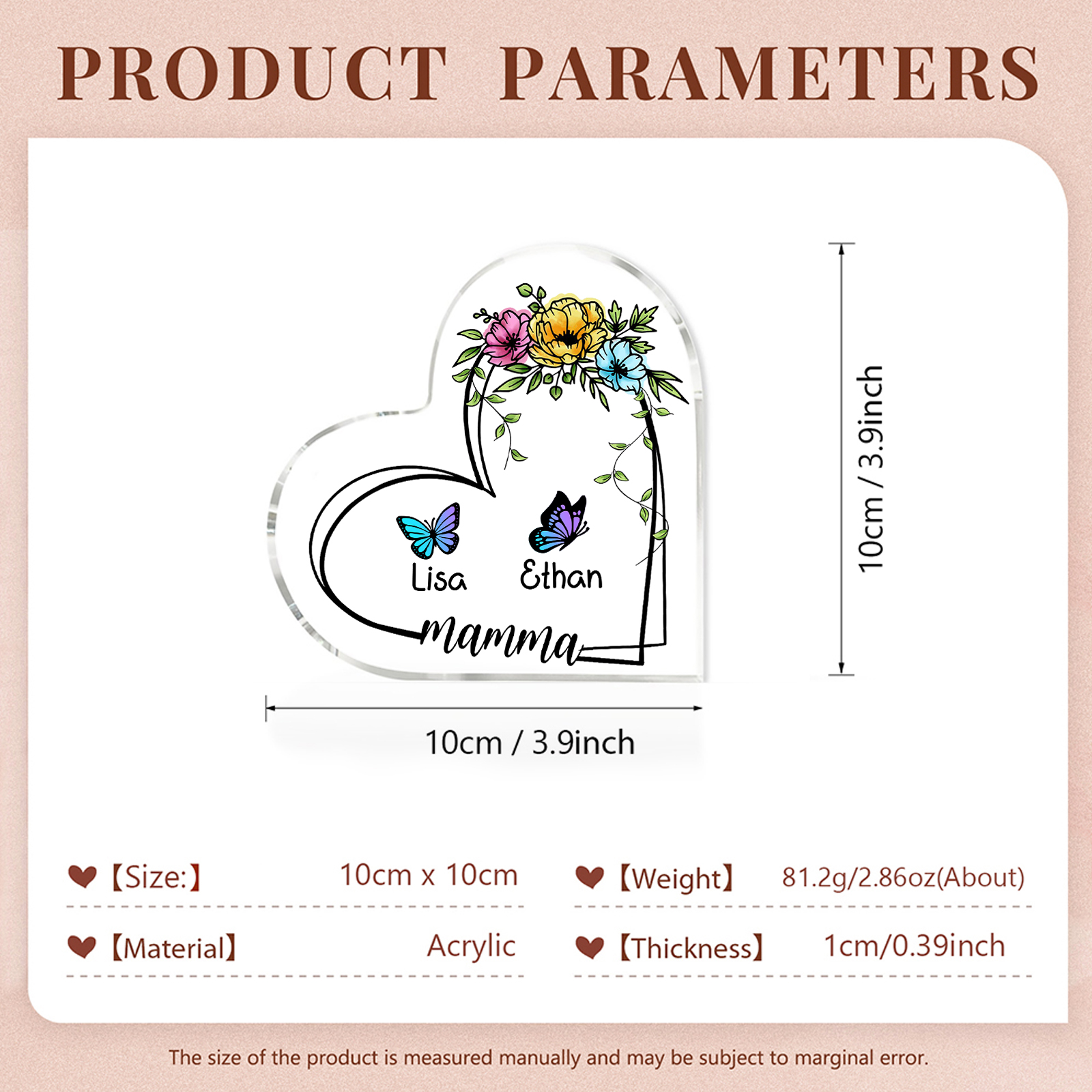 Decorazione Acrilica a Forma di Cuore Personalizzata con Farfalla – 2 Nomi e Testo per Nonna o Mamma | Jessemade